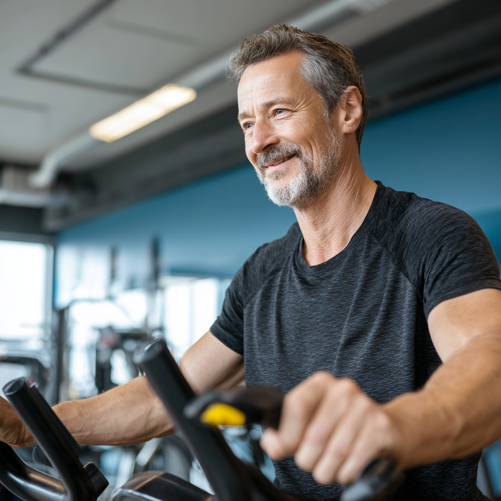 Smiling middle-aged Ukrainian man in comfortable workout clothes performing a stretching exercise outdoors in a park setting, emphasizing natural movement and wellness
