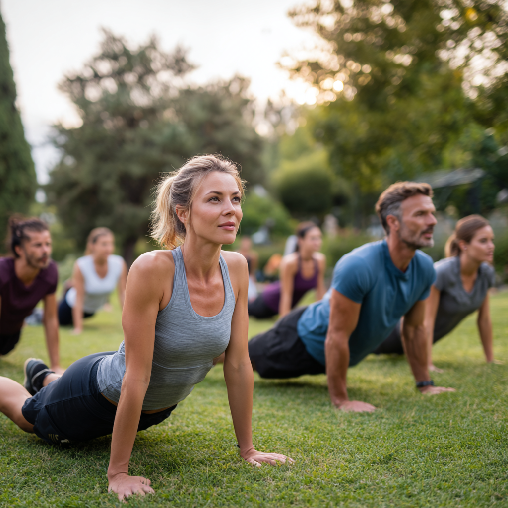 Confident Ukrainian woman in her 40s practicing mindful movement exercises in a bright fitness studio, focusing on mental wellness and body awareness